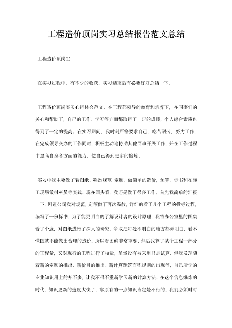 工程造价顶岗实习总结报告范文总结.docx