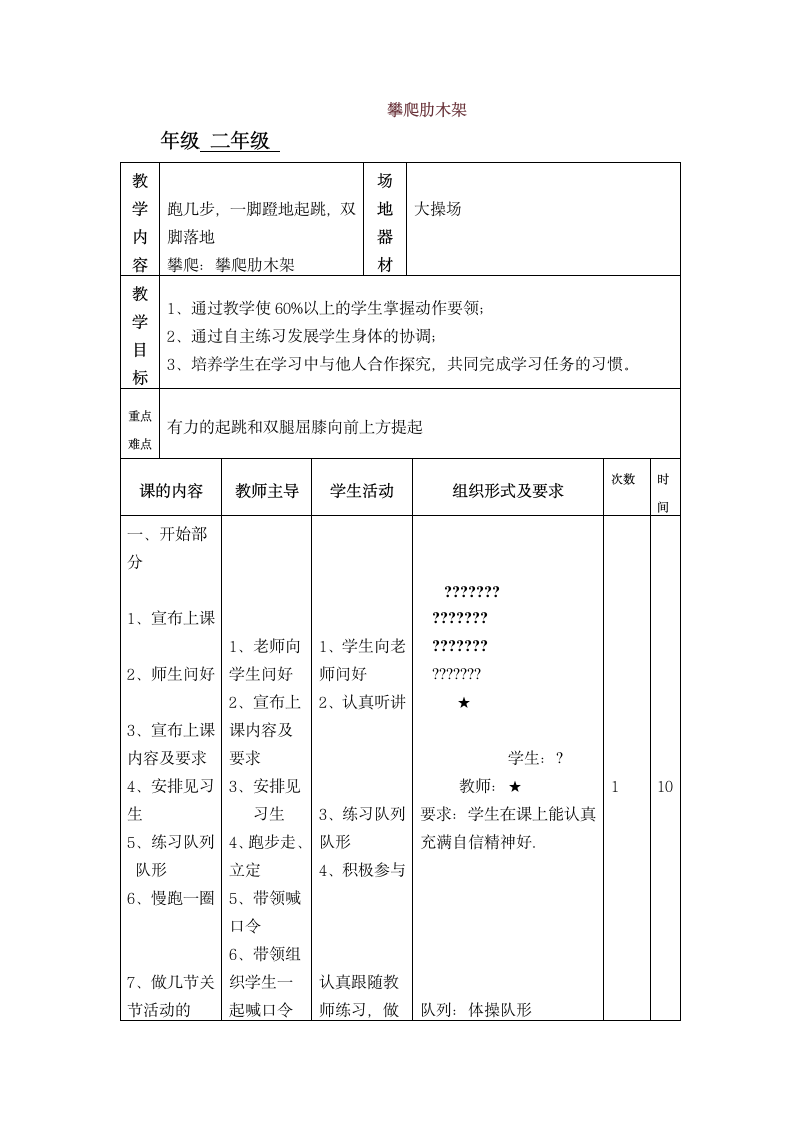 二年级体育攀爬肋木架 教案 全国通用.doc第1页