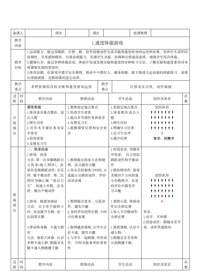 通用版五年级体育 水平三 《灵敏与速度体能游戏》 （教案）（ 表格式）.doc第1页