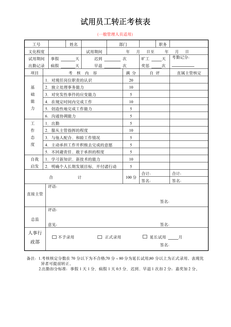 试用转正考核表（一般管理人员）.docx