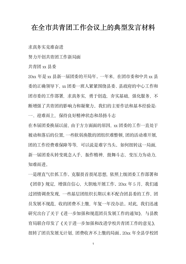 在全市共青团工作会议上的典型发言材料.doc