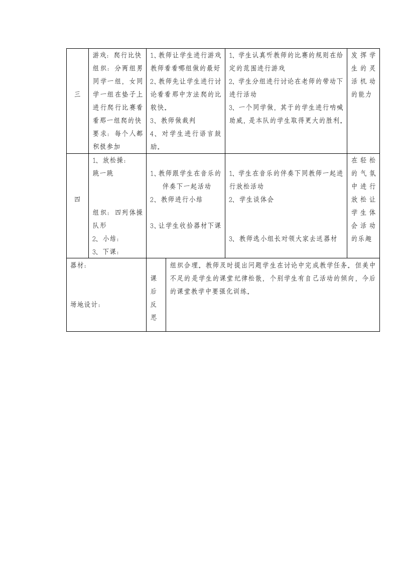 一年级下学期体育与健康第4周2 课时1、两臂放在不同部位用前脚掌走2、双脚跳上跳下20厘米高的物体3、游戏：爬行比快教案.doc第2页