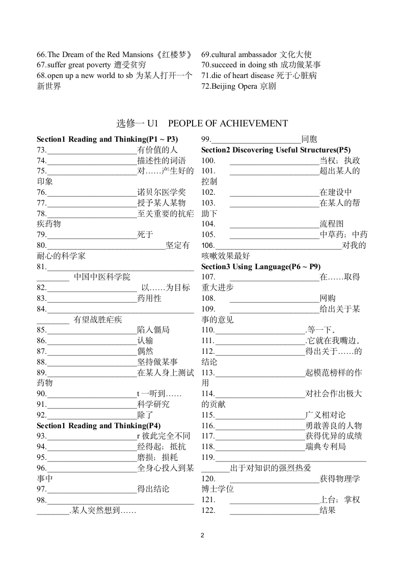 高中英语人教版（2019）选择性必修 第一册Unit 1 People of Achievement重要短语和词形梳理.doc第2页