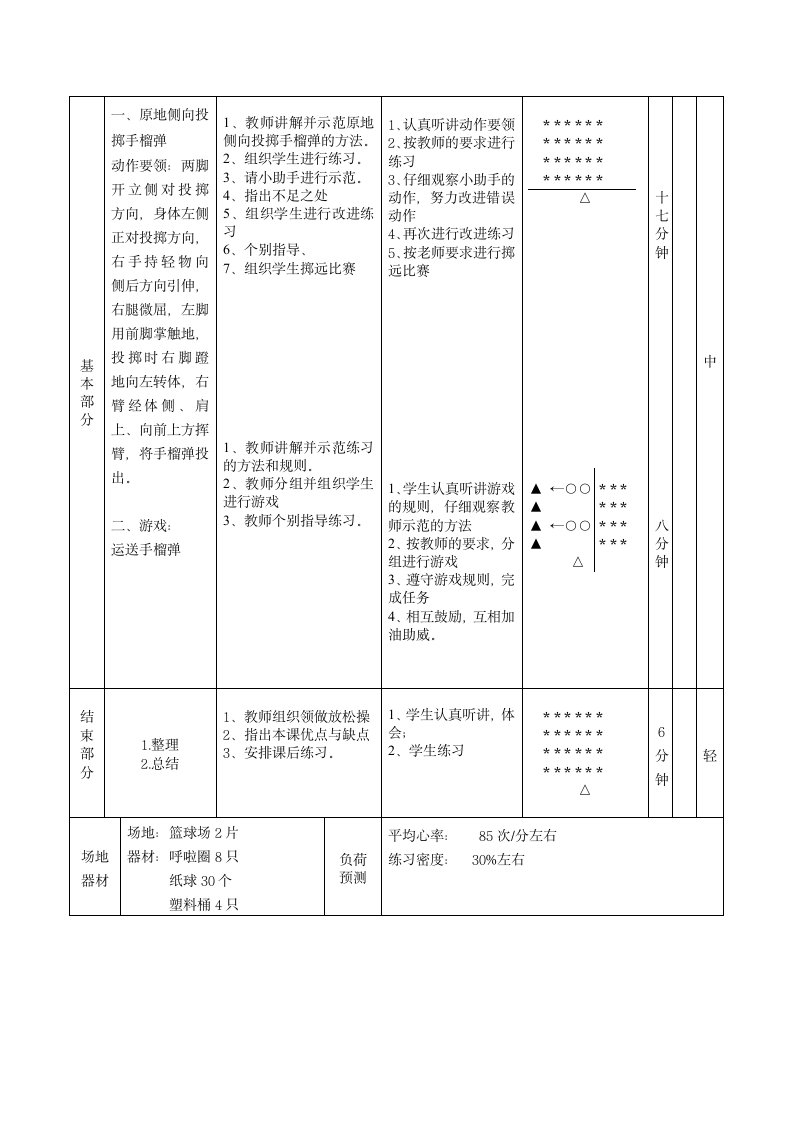 《体育与健康》（水平二）三年级上册《原地侧向投掷手榴弹与游戏》教案（表格式）.doc第2页