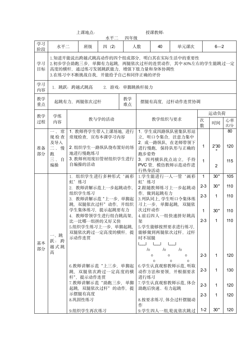 体育与健康四年级上册《跳跃：跨越式跳高与游戏：单脚跳换杆接力》（教案）.doc第3页