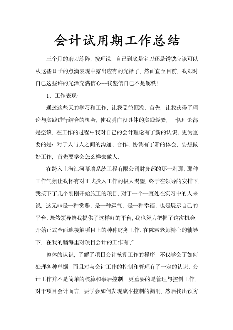 会计试用期工作总结报告示范文本.docx