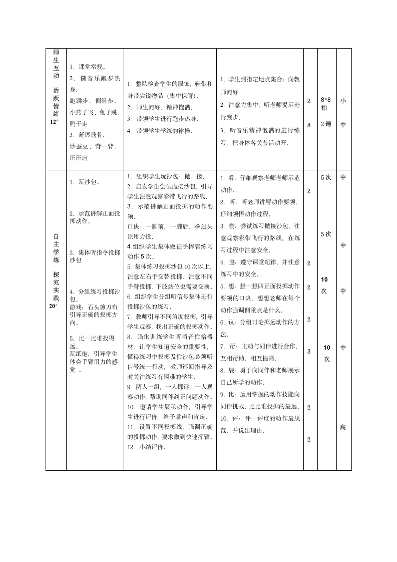 通用版体育二年级下册 单手正对投掷方向持小垒球（小沙包）掷远与游戏 教案（表格式）.doc第3页