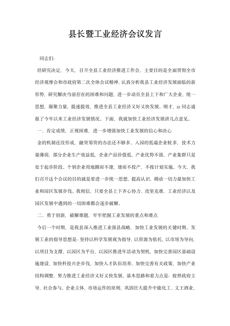 县长暨工业经济会议发言.docx