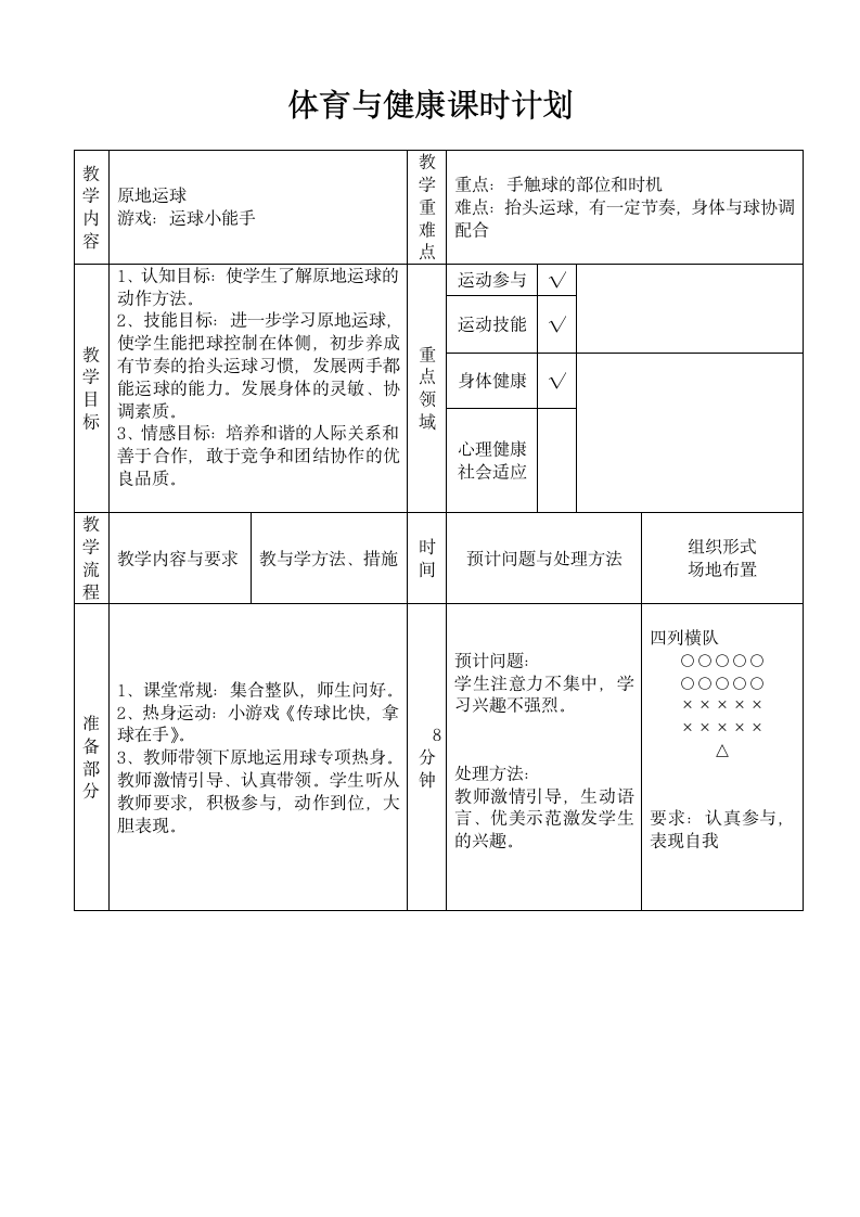 人教版三~四年级体育与健康 6.1.1小篮球 熟悉球性练习与原地运球及游戏 教案.doc第1页