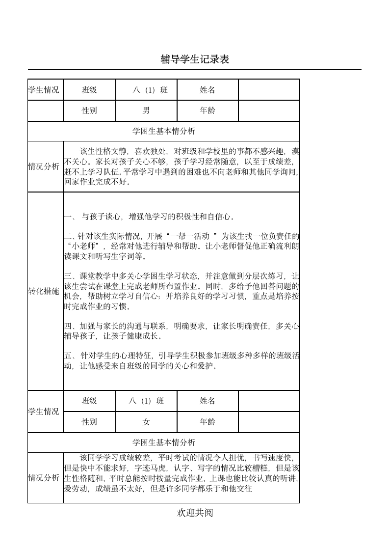 教师辅导学生记录表格模板.docx第1页