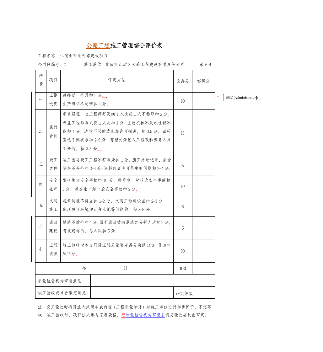 公路工程进度计划参建单位工作综合评价表.doc第6页