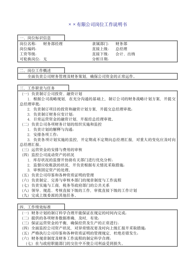 企业之财务部经理工作说明书.doc