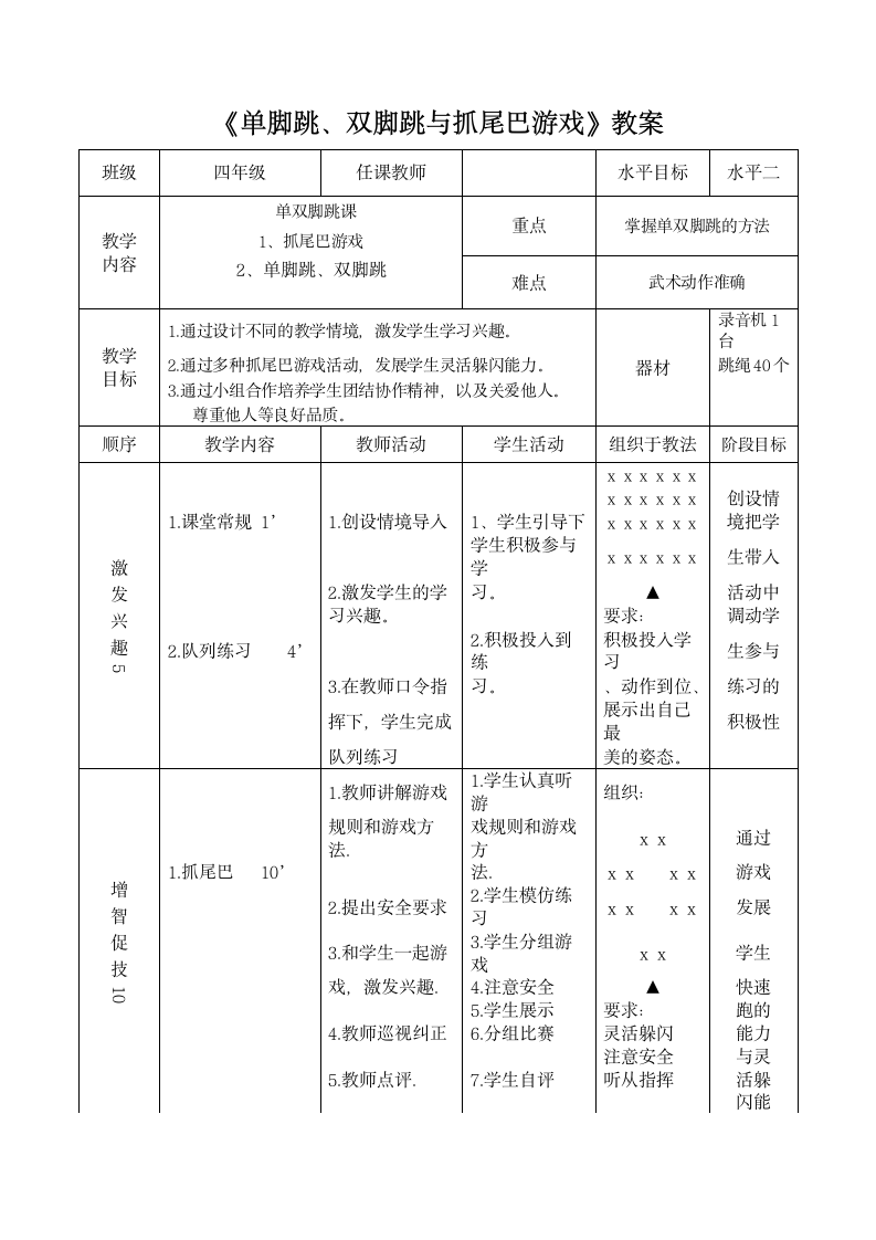 体育与健康四年级上册  人教版 《单脚跳、双脚跳与抓尾巴游戏》（教案）（表格式）.doc第1页