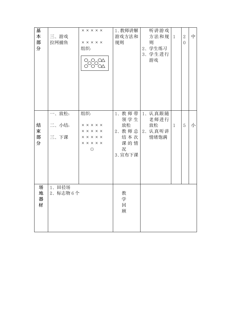 小学三年级体育课教案1、热身跑1圈  2、原地徒手操及行进间徒手操 3、游戏（拉网捕鱼）.doc第2页