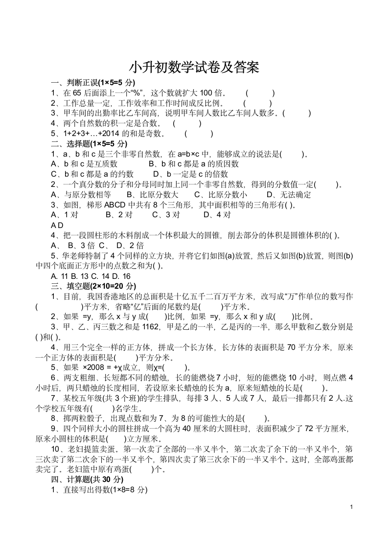 小学升初中数学试卷及答案.docx第1页