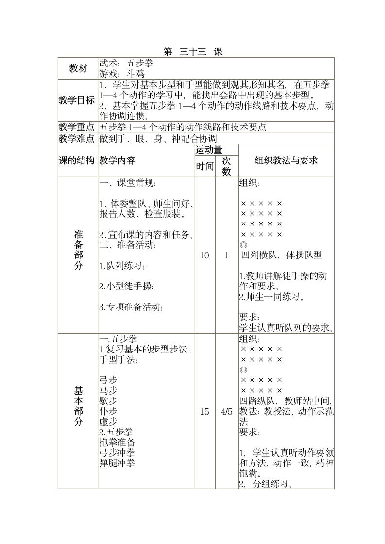 三年级全册体育与健康表格式教案-第三十三课1.武术：五步拳2.游戏：斗鸡 人教版.doc