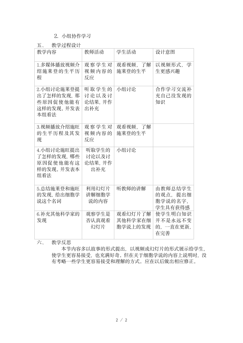 人教版生物七上第一单元第一章 科学家的故事  施莱登、施旺与细胞学说 教案.doc第2页