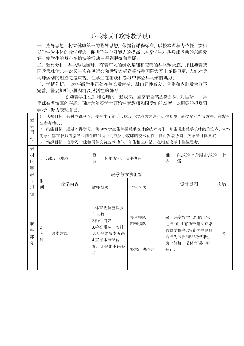 小学六年级上册体育与健康乒乓球反手攻球教学设计（表格式）.doc第1页