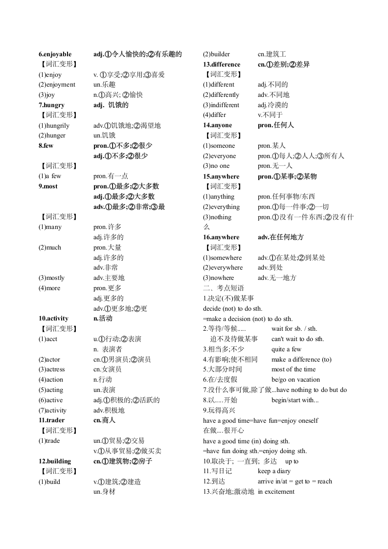 人教版英语八年级上册 Unit 1 Where did you go on vacation？词汇变形短语复习过关单（含答案）.doc第3页