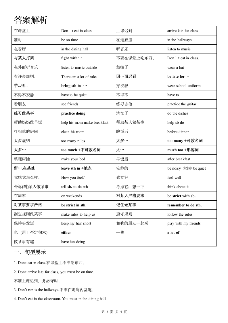 2020-2021学年鲁教版六年级下册英语Unit 6 Don't eat in class.短语句型基础知识检测（含答案）.doc第3页