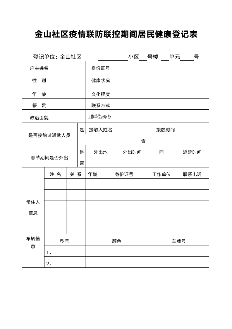 疫情防控期间 居民健康登记表.docx