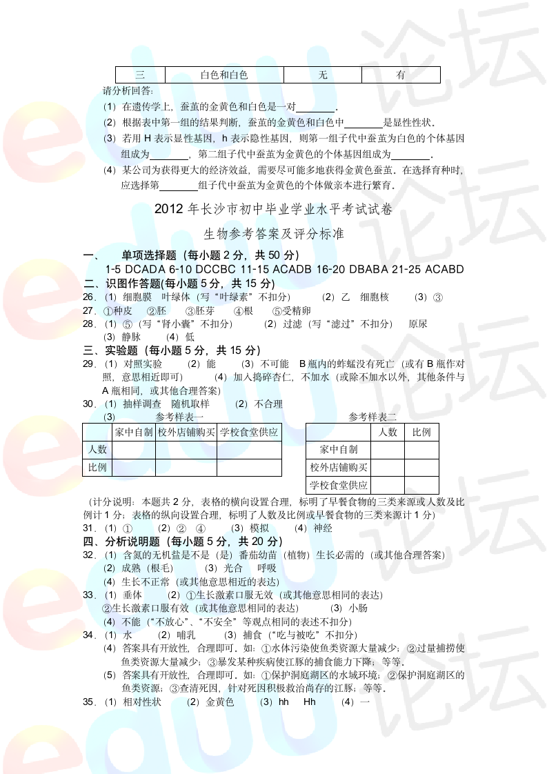 长沙市初中生物毕业会考试卷及答案第6页