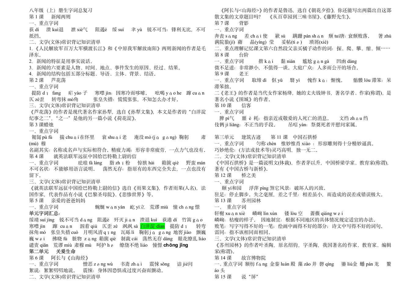 八年级上册语文生字词第1页