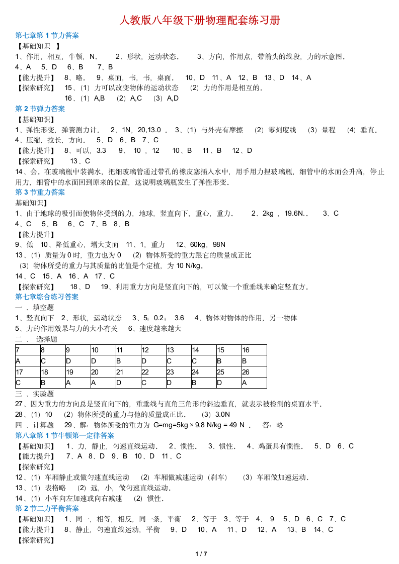 人教版八年级下册物理配套练习册第1页