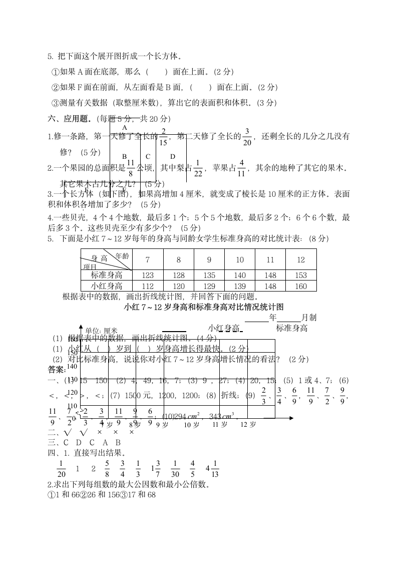 小学五年级下册数学期末试卷和答案第3页