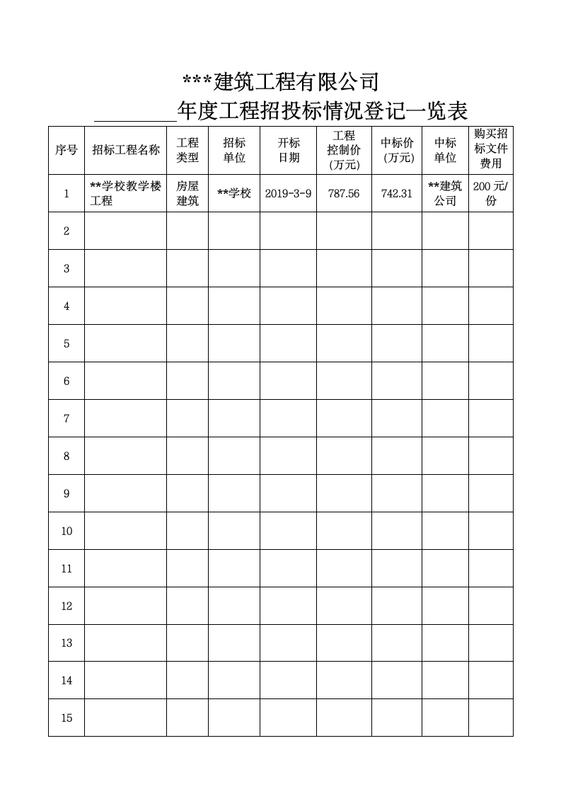 建筑公司招投标标登记一览表.docx