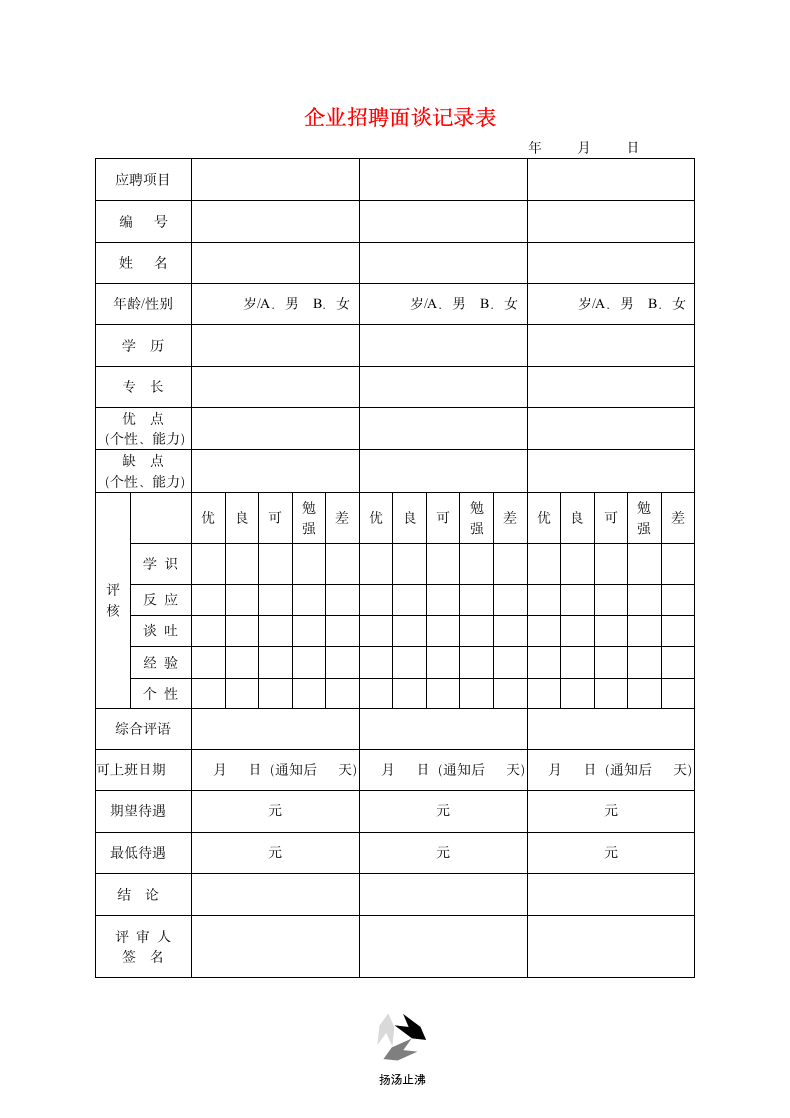 企业招聘面谈记录表格.doc第1页