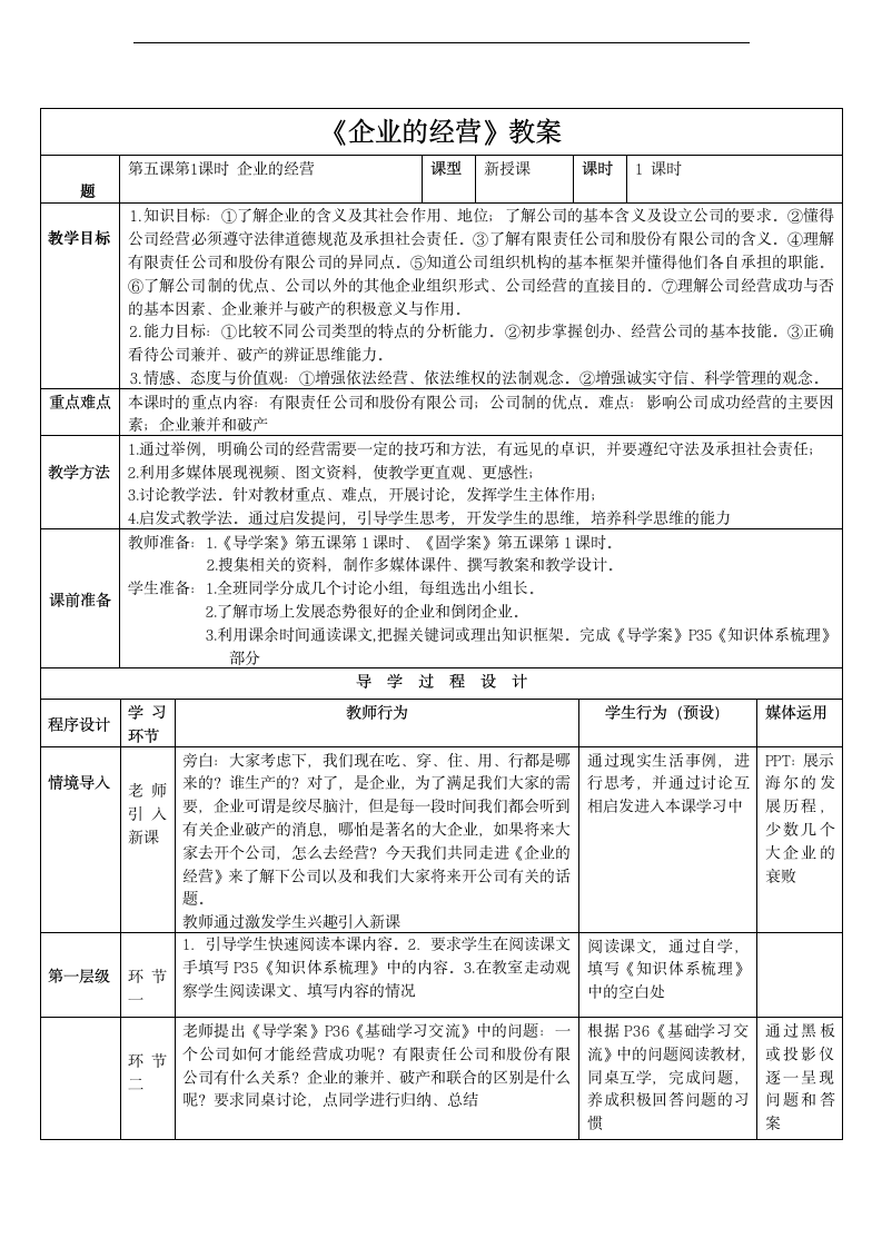 高中政治必修1 第二单元5.1《企业的经营》教案.doc