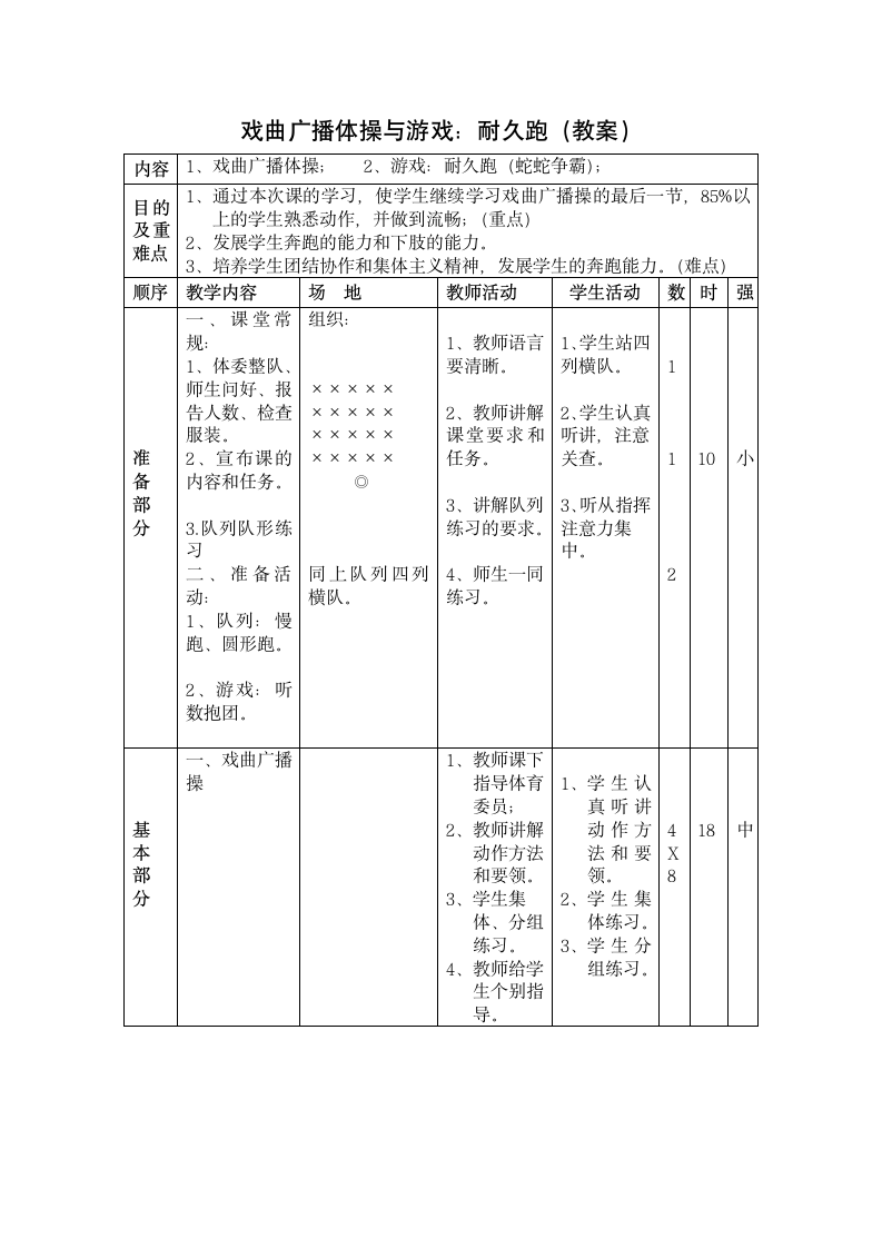 戏曲广播体操与游戏：耐久跑（教案）（表格式）-小学《体育与健康》（水平二）四年级上册-人教版.doc第1页