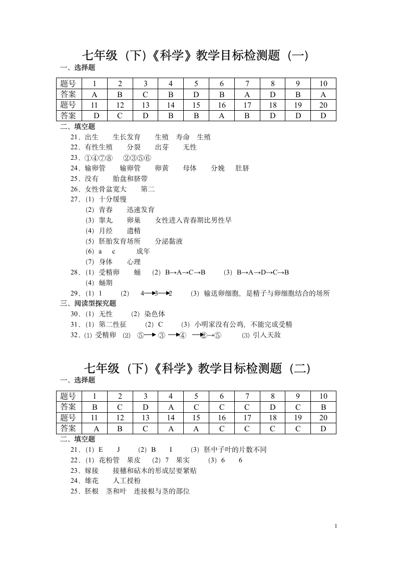 七年级下科学试卷答案第1页