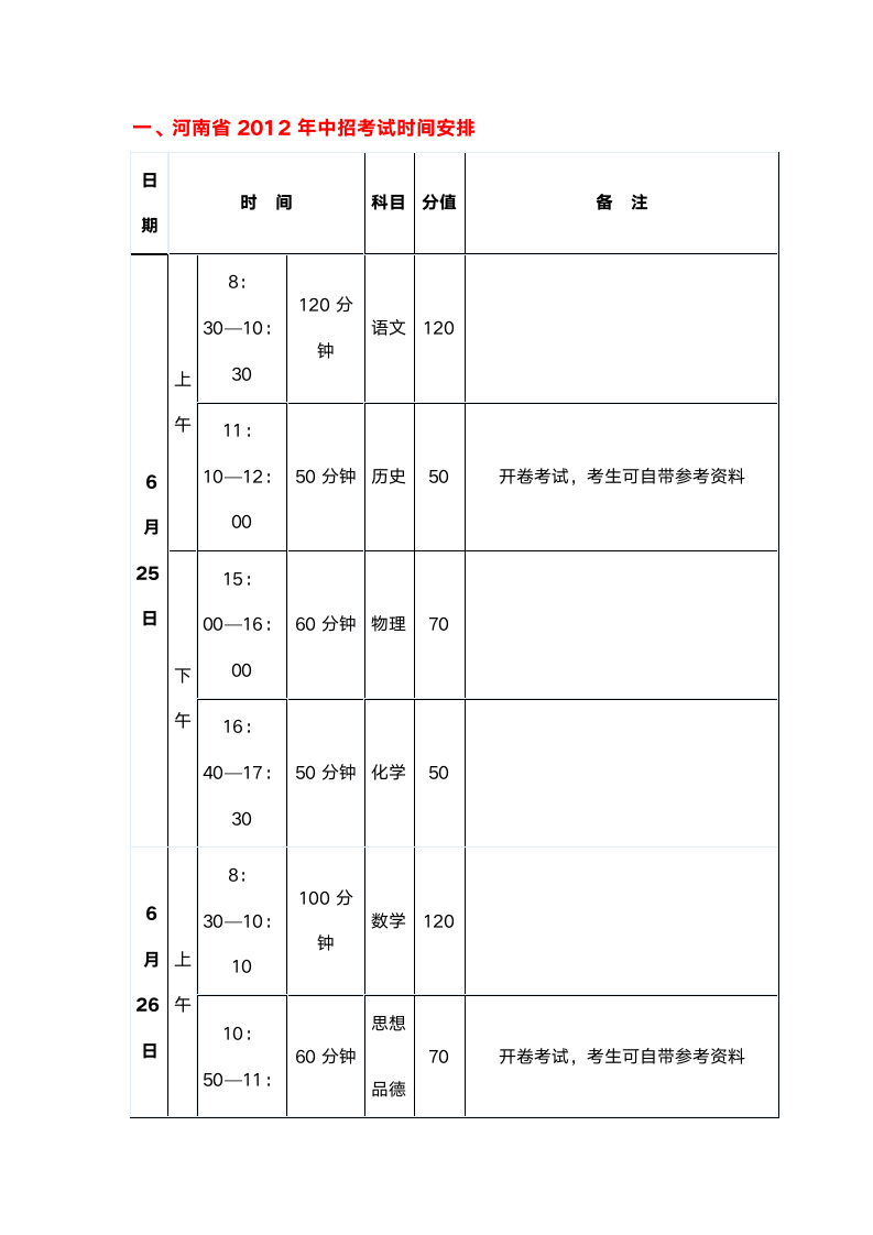 河南省2012年中招考试时间安排第1页