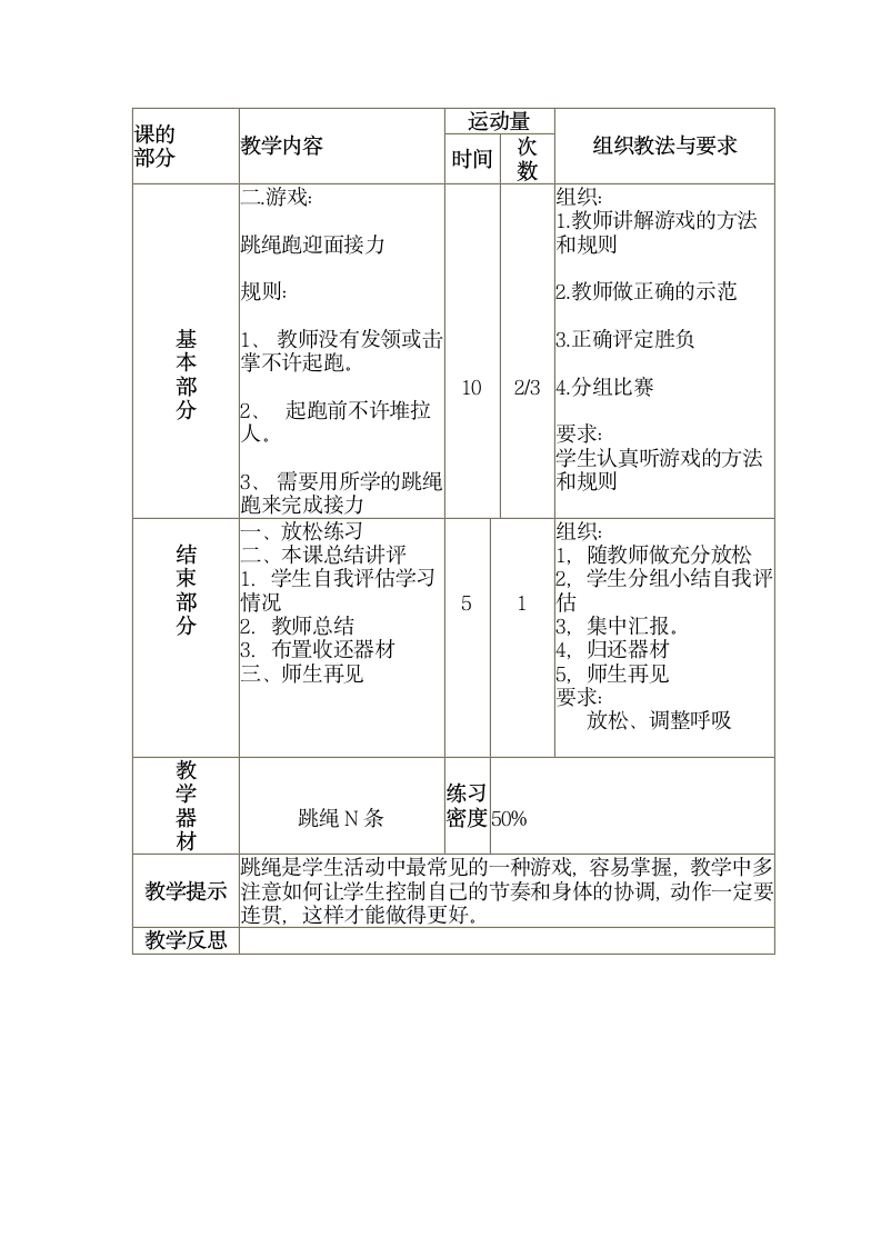 三年级全册体育与健康表格式教案-第三十课1.跳绳：跳小绳（双绳）（二）2.游戏：跳绳迎面接力 人教版.doc第2页