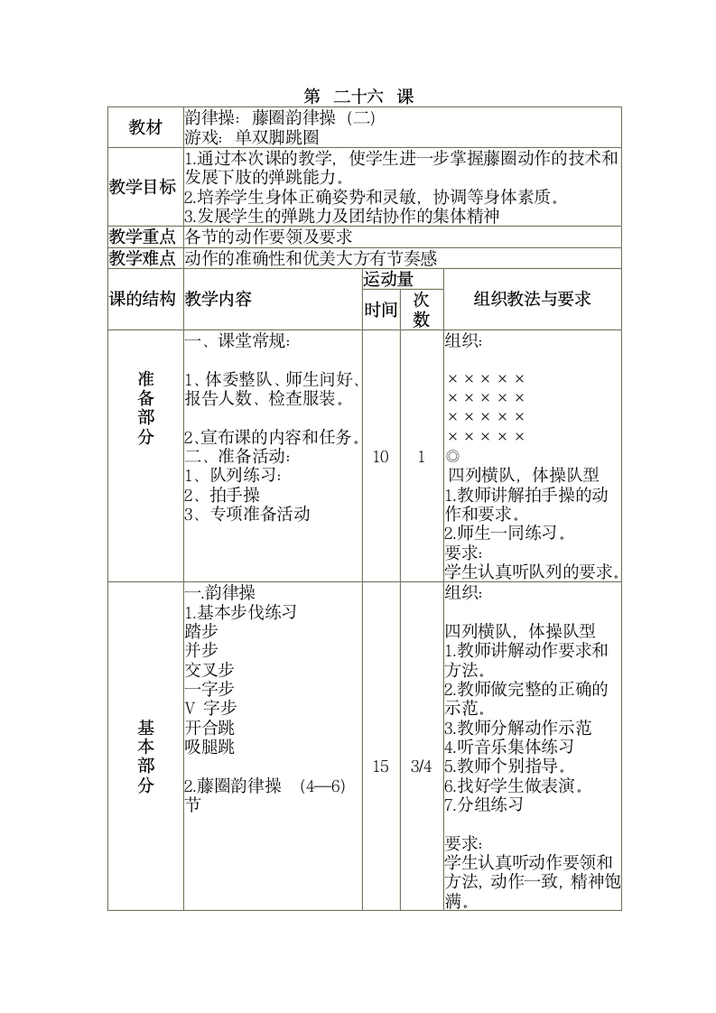 三年级全册体育与健康表格式教案-第二十六课1.韵律操：藤圈韵律操（二）2.游戏：单双脚跳圈 人教版.doc第1页