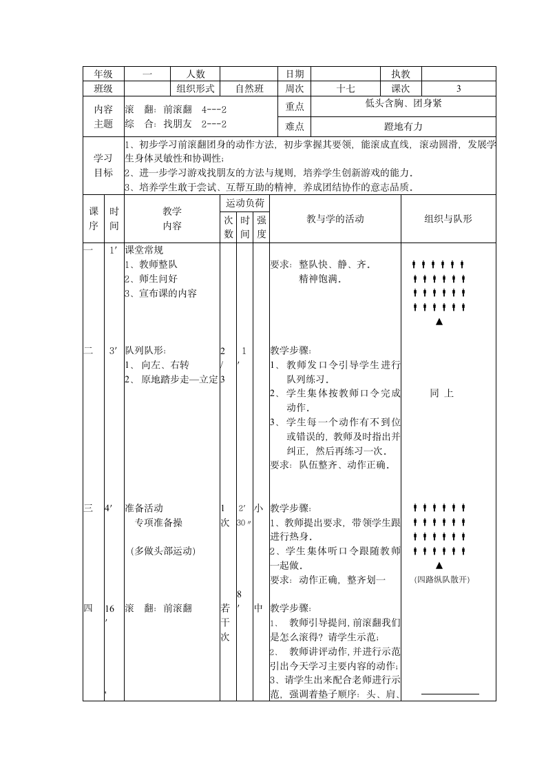 前滚翻（教案）体育一年级下册.doc第1页