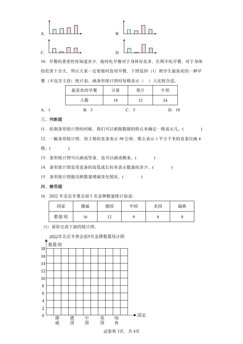 人教版版小学四年级数学上册7条形统计图 同步练习（含答案）.doc第3页