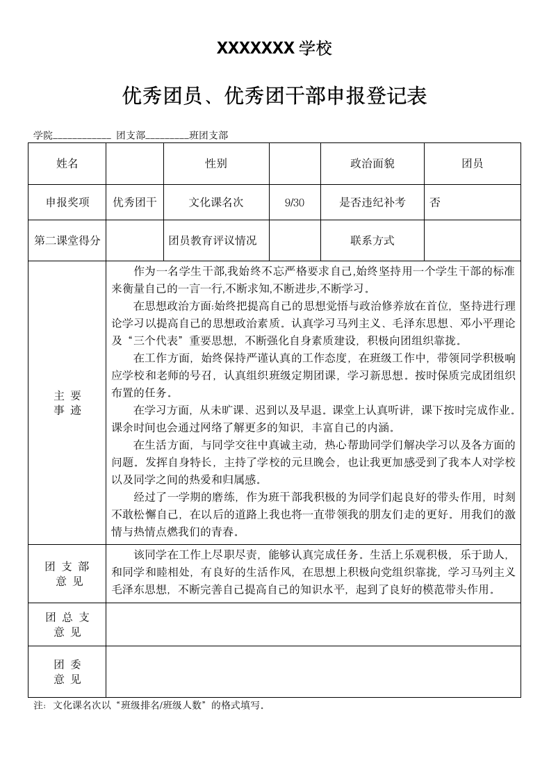 高校优秀团员团干部申报登记表.docx