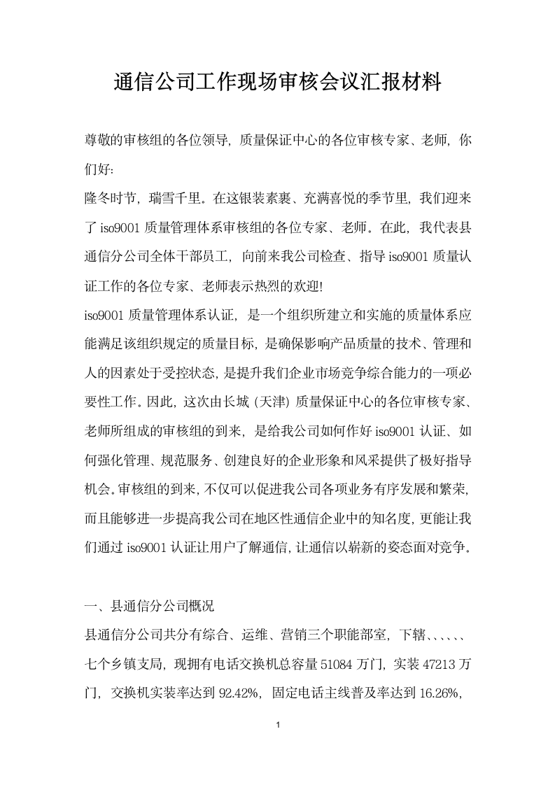 通信公司工作现场审核会议汇报材料.docx