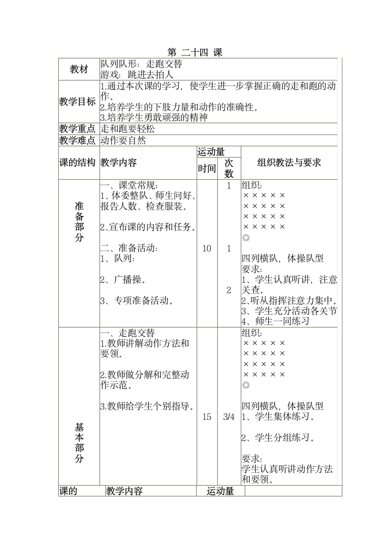 三年级全册体育与健康表格式教案-第二十四课1.队列队形：走跑交替2.游戏：跳进去拍人 人教版.doc第1页