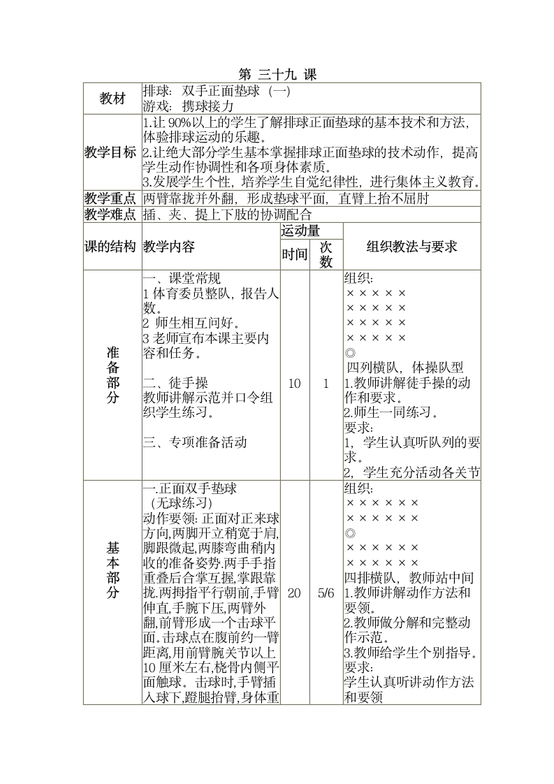 三年级全册体育与健康表格式教案-第三十九课1.排球：双手正面垫球（一）2.游戏：携球接力 人教版.doc第1页