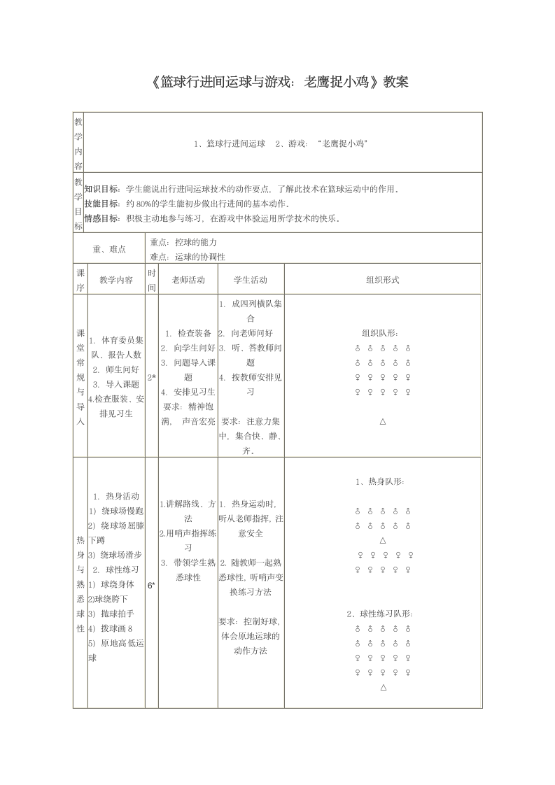 《篮球行进间运球与游戏：老鹰捉小鸡》教案（表格式）-2021-2022学年人教版小学体育与健康（水平二）四年级上册.doc第1页