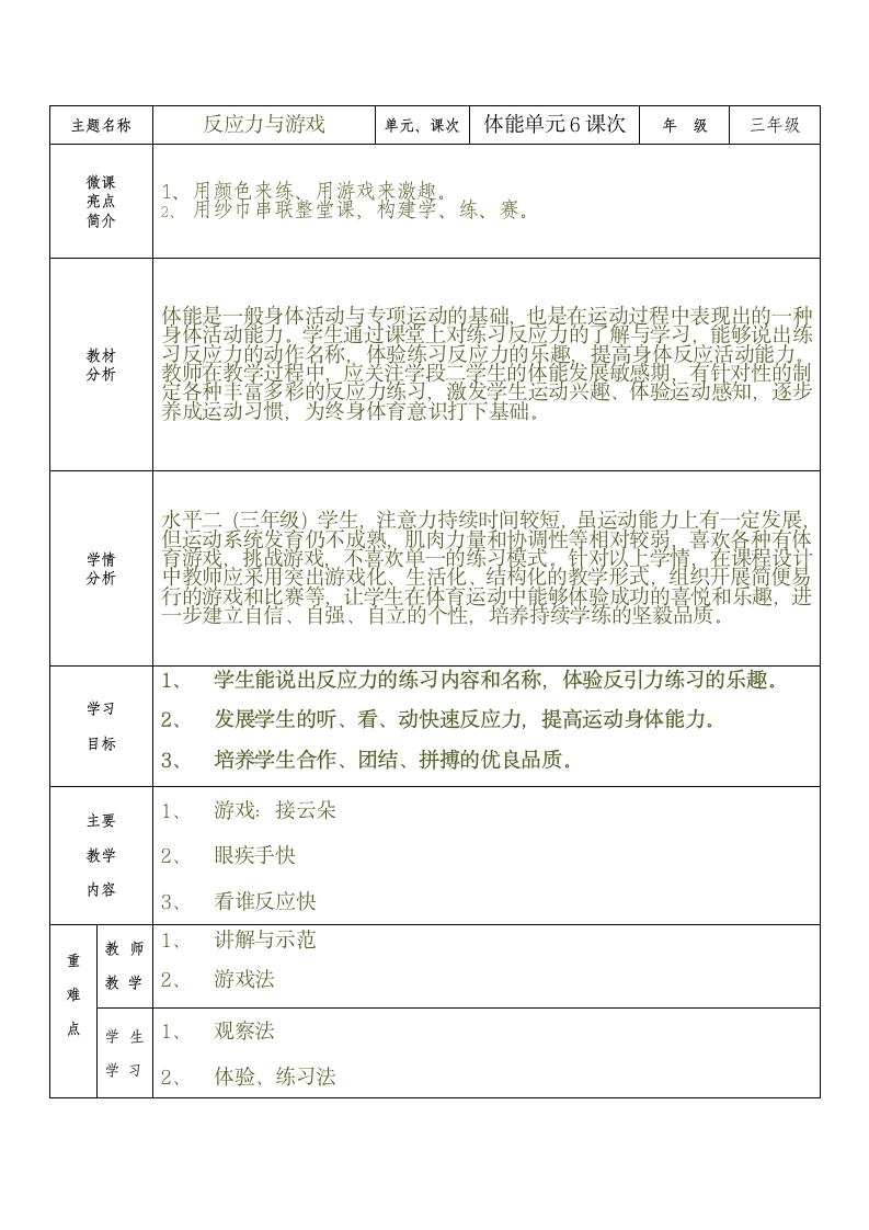 人教版三年级体育上册  体能：反应力与游戏 教案（表格式）.doc第1页