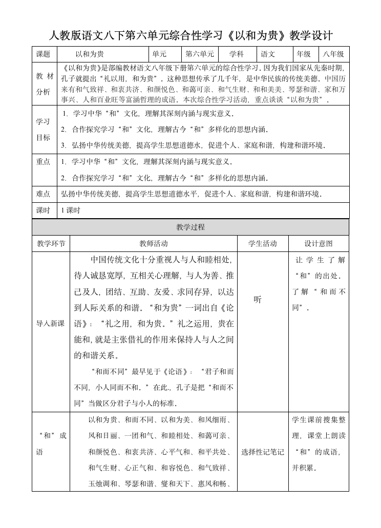 人教部编版八年级下第六单元综合性学习：以和为贵 教学设计.doc第1页