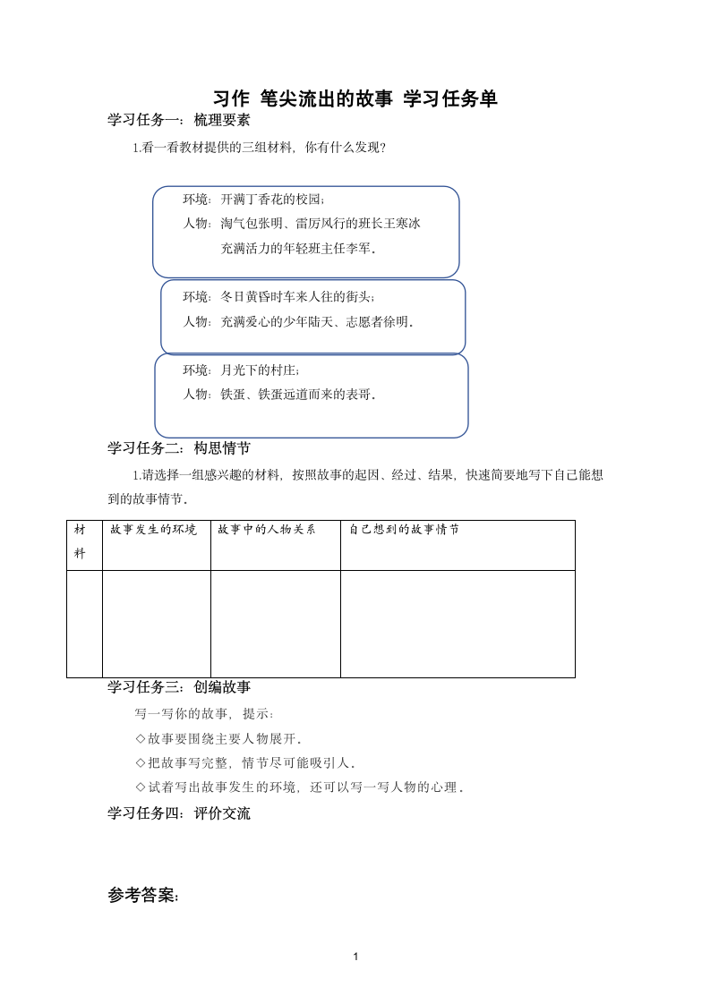 部编六年级上册语文第四单元习作 笔尖流出的故事 学习任务单（有答案）.doc第1页