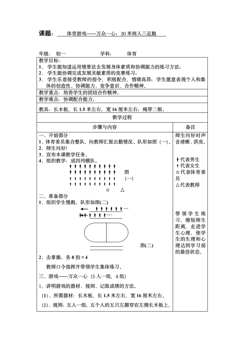 第一章运动参与体育游戏——万众一心；30米两人三足跑教案（表格式）2021—2022学年华东师大版体育七年级全一册.doc第1页