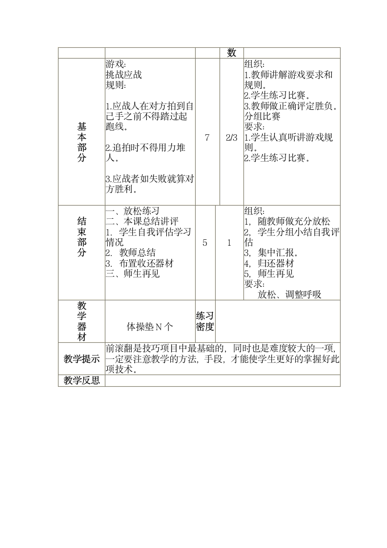 三年级全册体育与健康表格式教案-第十六课1.体操：不同开始姿势的前滚翻（二）2.游戏：挑战应战 人教版.doc第2页