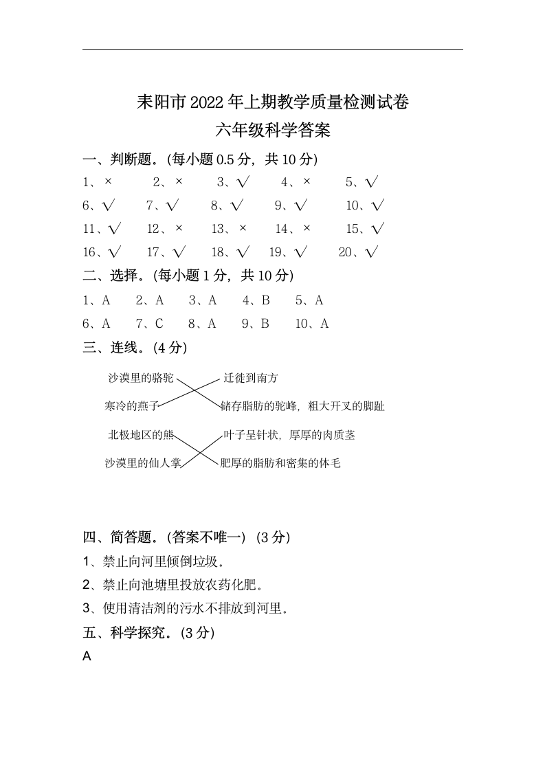 2022年上学期教学质量检测试卷 六年级科学（word版 含答案）.doc第3页